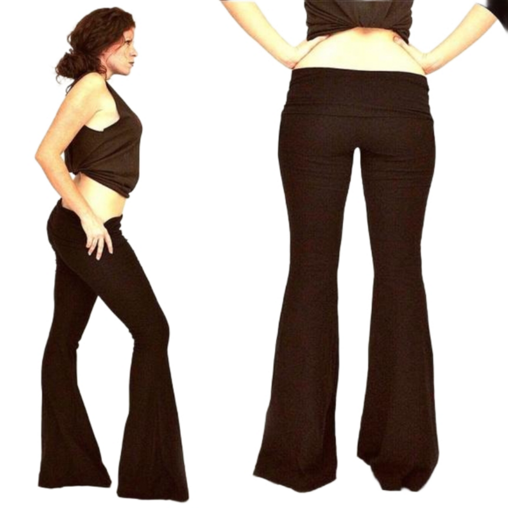 SHORT LENGTH Hip Hugger Bell Bottom Black Flare Boho Yoga Pants Size XS S M L XL - Picture 2 of 3